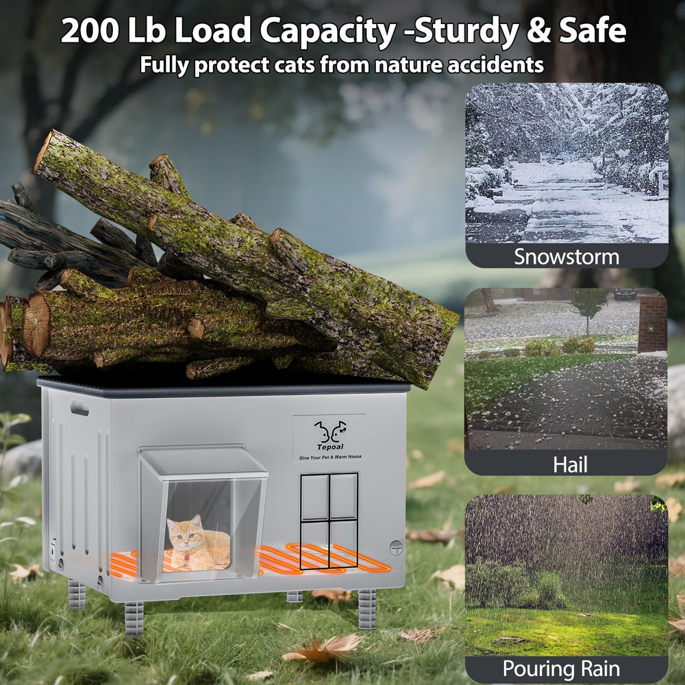 Myodal heated cat house escape door shown for safety against threats