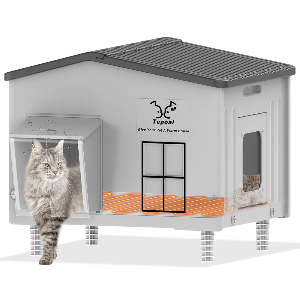 Myodal outdoor heated cat house exterior keeps outdoor cats protected in cold weather.