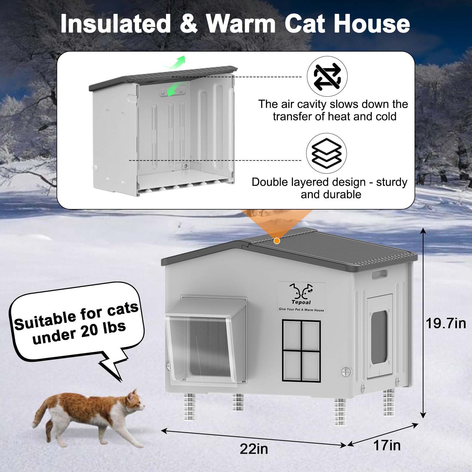 Myodal UL-approved heating pad delivers safe warmth for exposed outdoor cats.