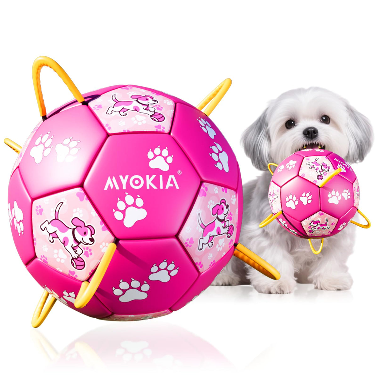 MYOKIA Size 2 pink dog soccer ball with straps ready for interactive fetch and training
