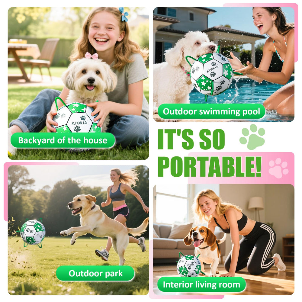 MYOKIA dog soccer ball straps closeup showing eight grab handles