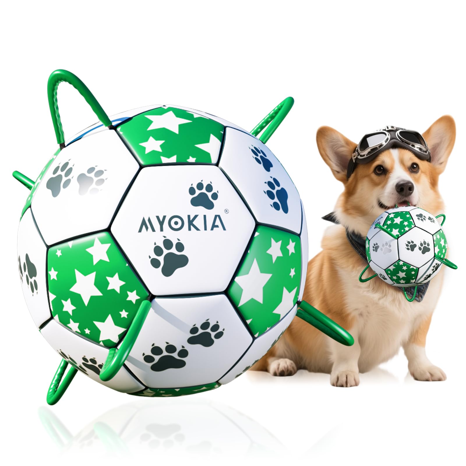 MYOKIA Size 2 dog soccer ball white and green front view for outdoor fetch