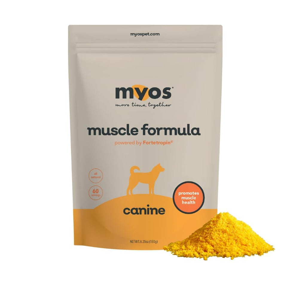 MYOS Canine Muscle Formula bottle front signals all-natural muscle support for aging dogs