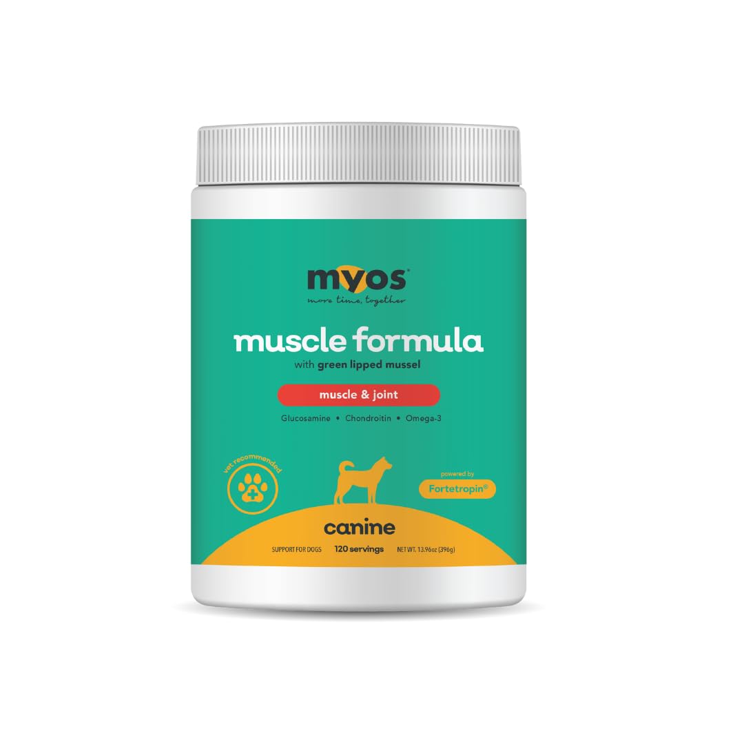 MYOS CANINE MUSCLE FORMULA bottle front for active dogs seeking muscle support.