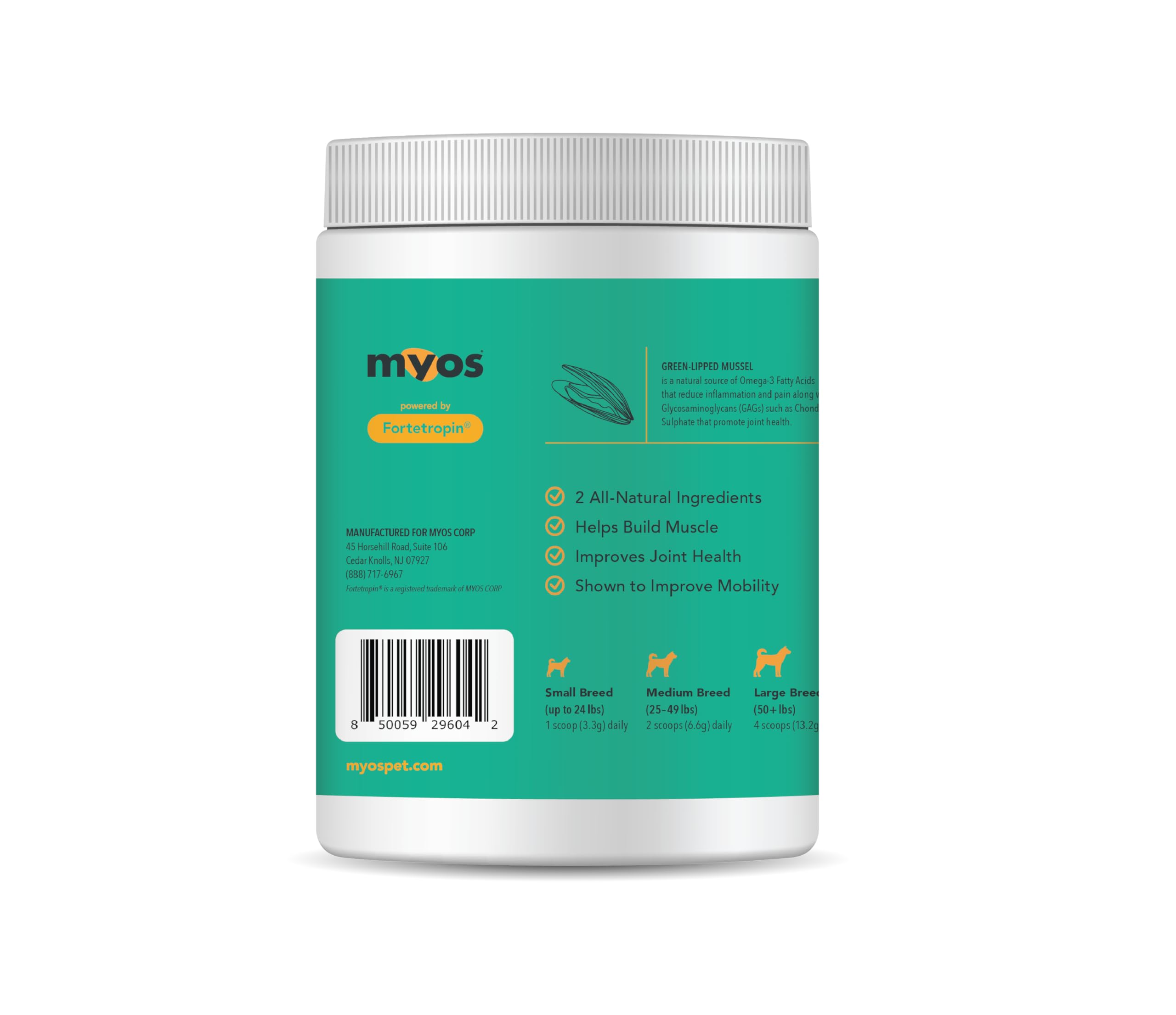 MYOS CANINE MUSCLE FORMULA tub powder closeup emphasizes Fortetropin and glucosamine supporting joints.