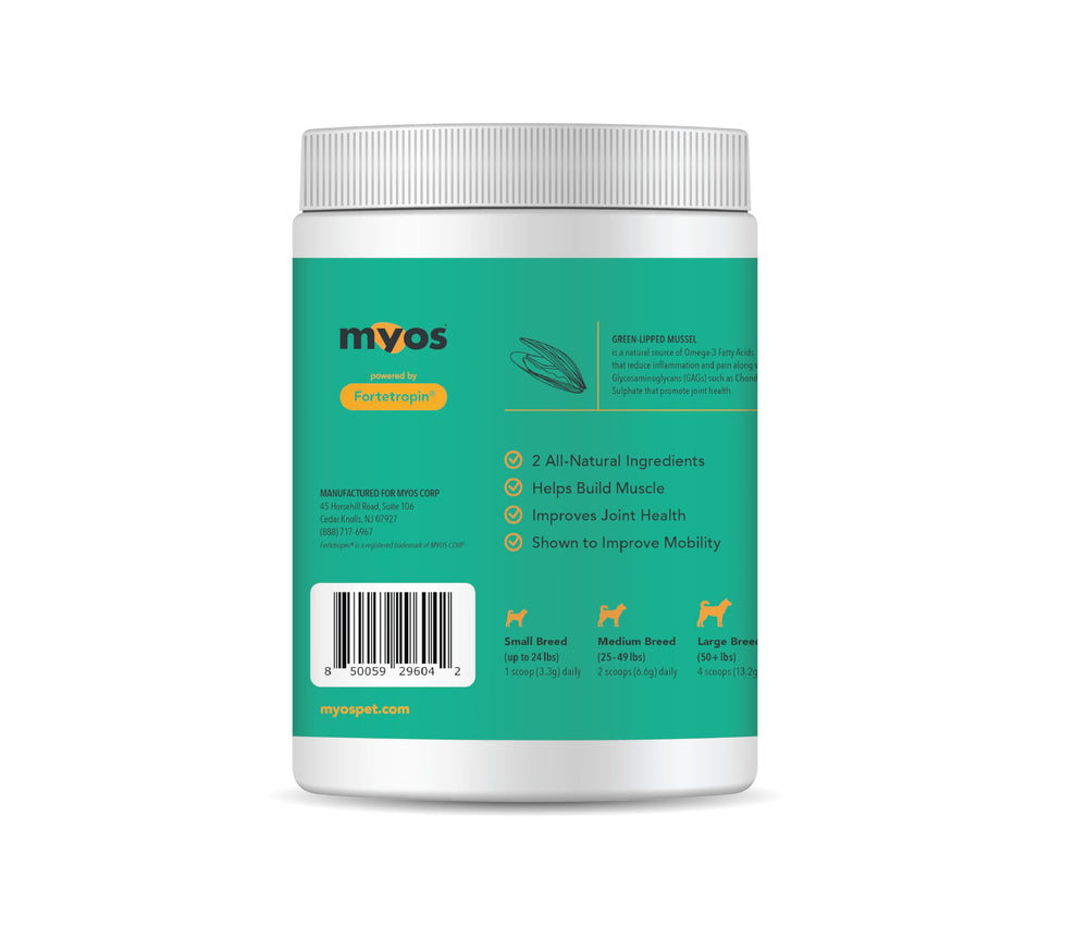 MYOS CANINE MUSCLE FORMULA tub powder closeup emphasizes Fortetropin and glucosamine supporting joints.