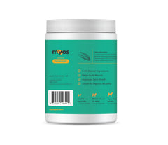 MYOS CANINE MUSCLE FORMULA tub powder closeup emphasizes Fortetropin and glucosamine supporting joints.