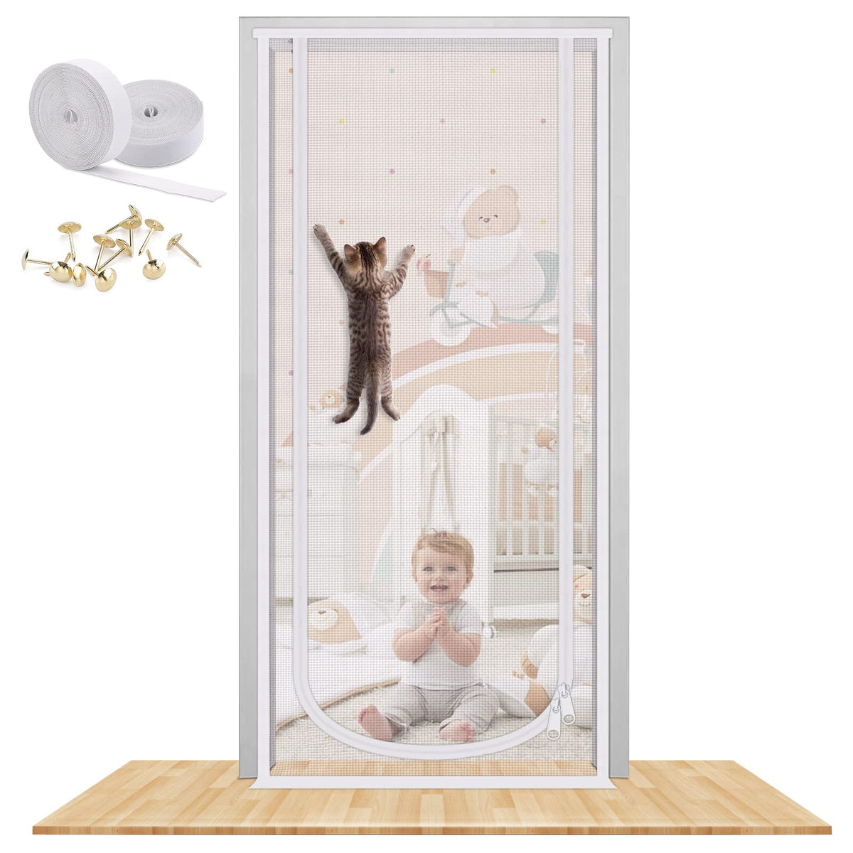 MYPIN reinforced cat screen door with bilateral zipper for easy two-way pass-through and pet safety.
