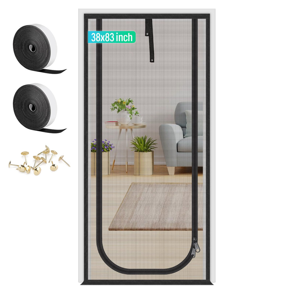 MYPIN two-way zip cat screen door close-up showing dual-entry zippers.