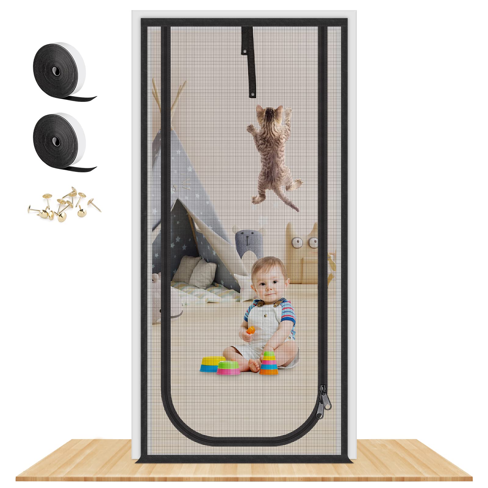 MYPIN upgraded reinforced cat screen door open view for airflow and pet protection.
