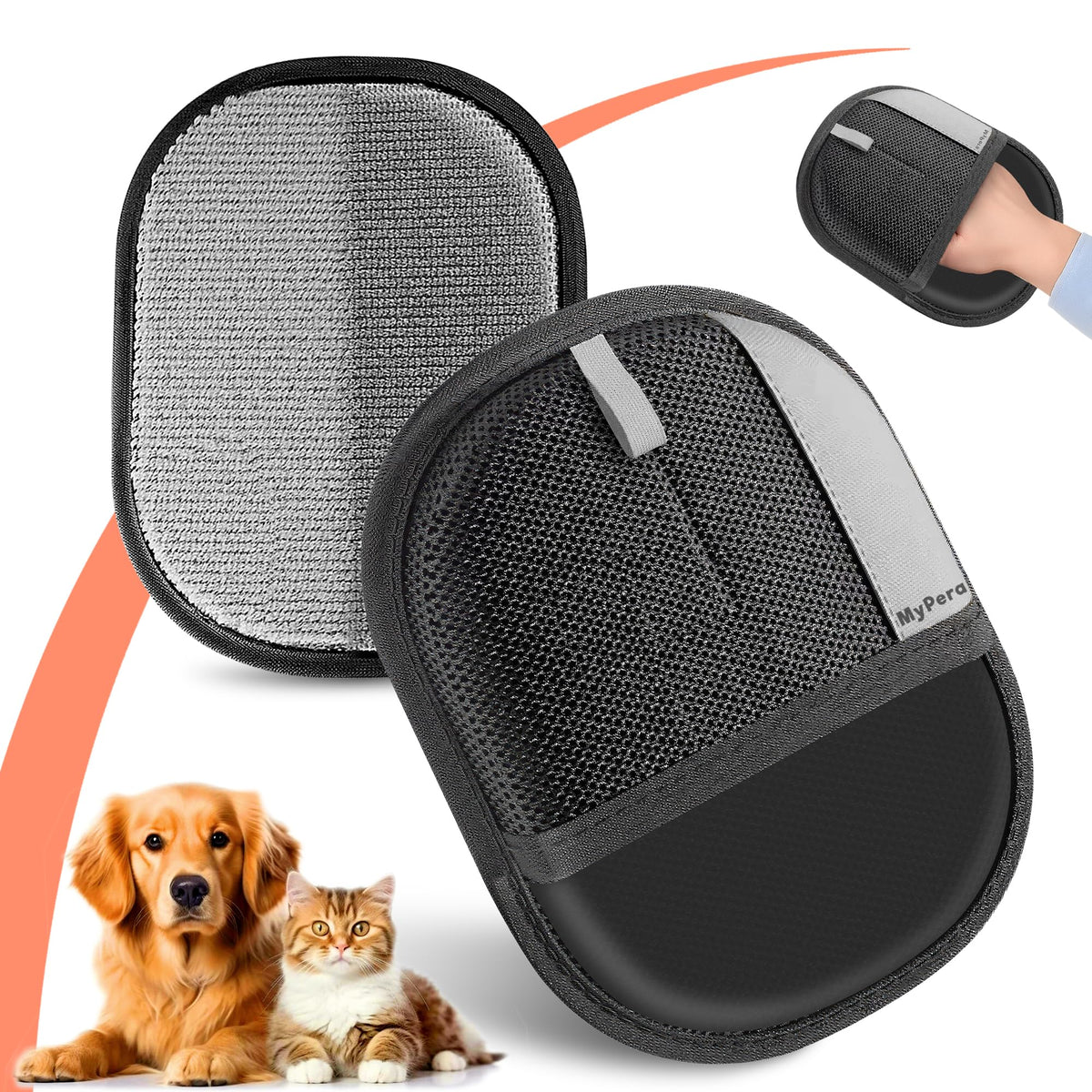 MyPera Pet Hair Remover Gloves packaging highlights reusable fur-cleanup benefits.