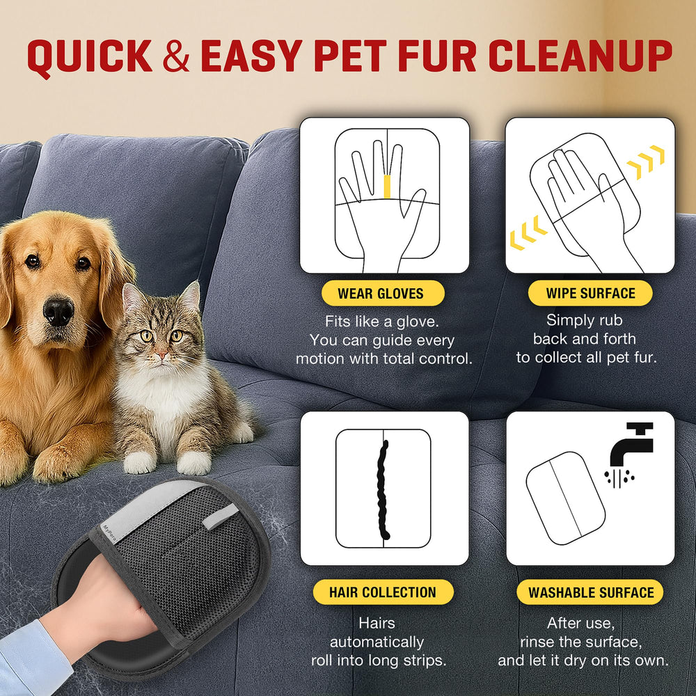 MyPera Pet Hair Remover Gloves worn on hand demonstrate gentle, fatigue-free cleaning.