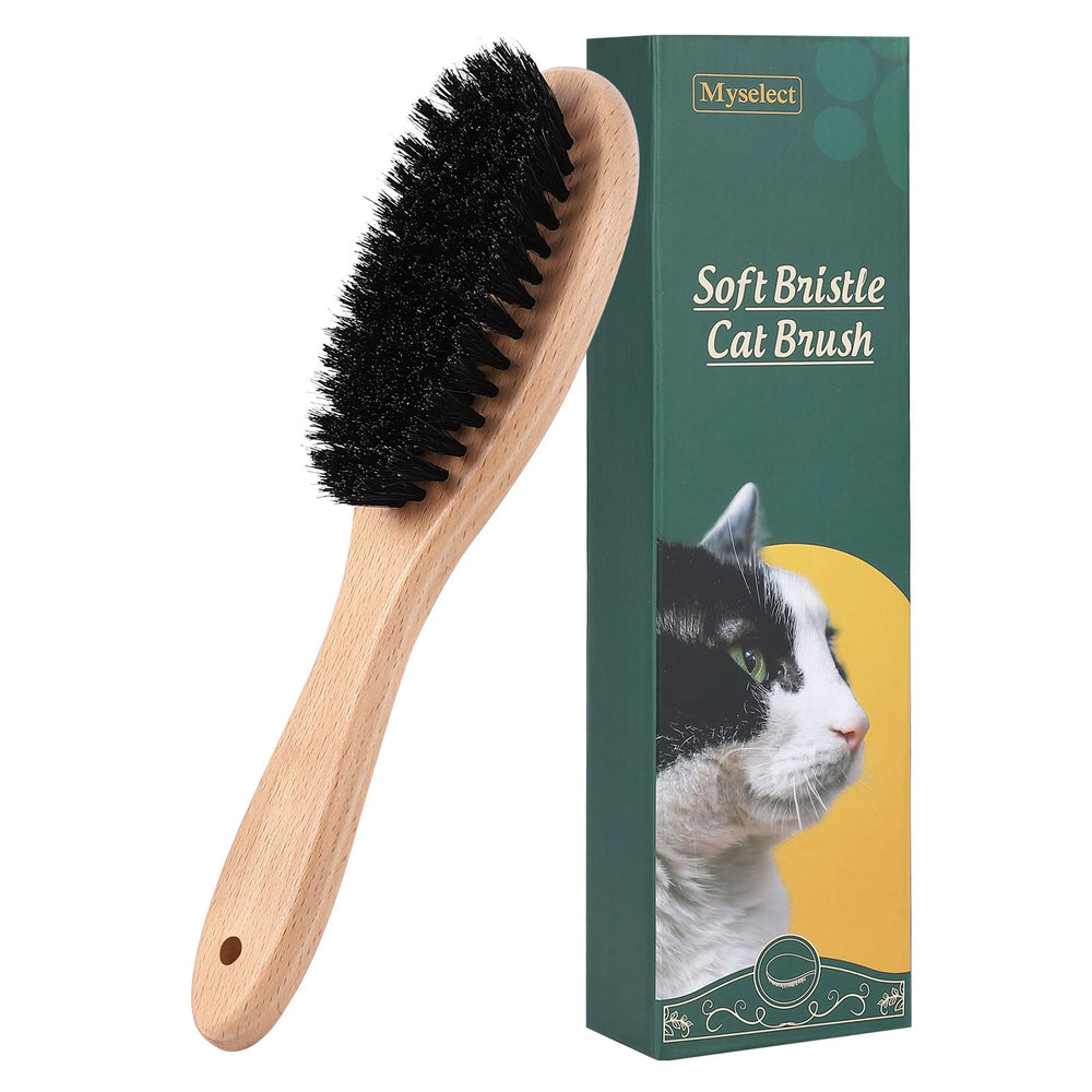 Myselect boar bristle cat brush with wooden handle for gentle grooming