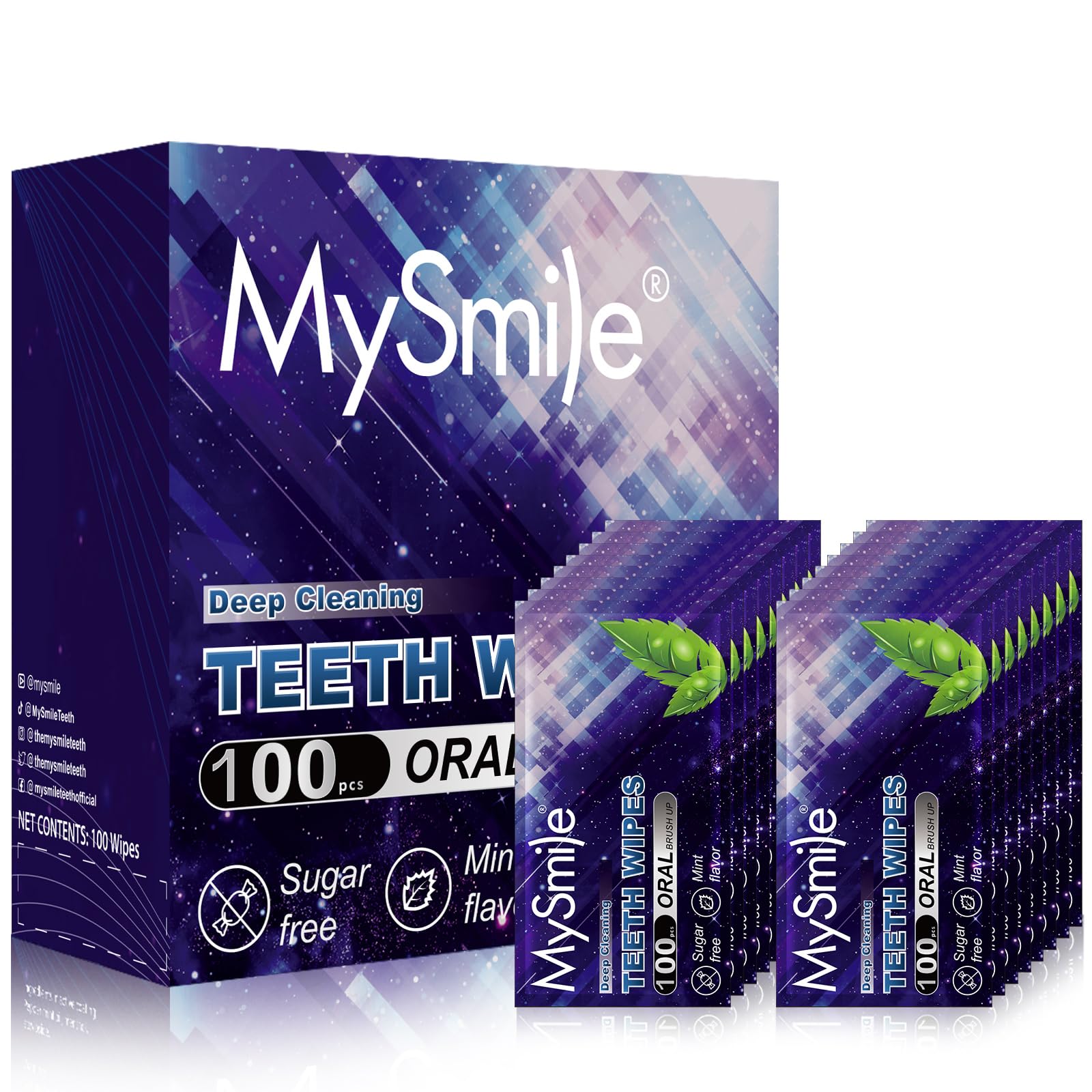 MySmile Teeth Wipes packaging shows 100pcs for convenient daily on-the-go cleaning