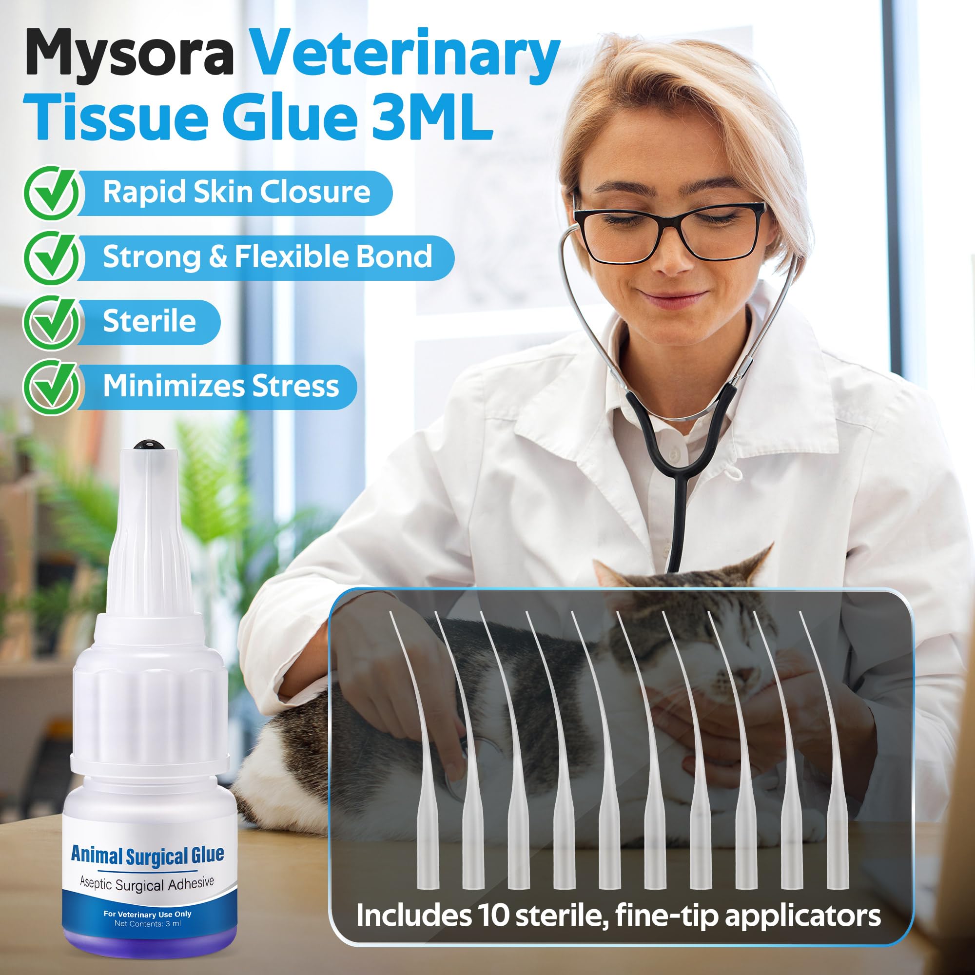 Mysora Vet Tissue Glue blue-dyed formula clearly marks application area for precise use.