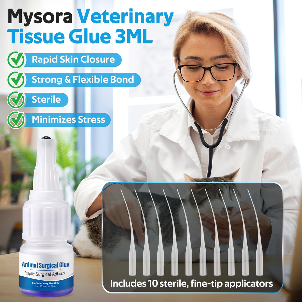 Mysora Vet Tissue Glue blue-dyed formula clearly marks application area for precise use.