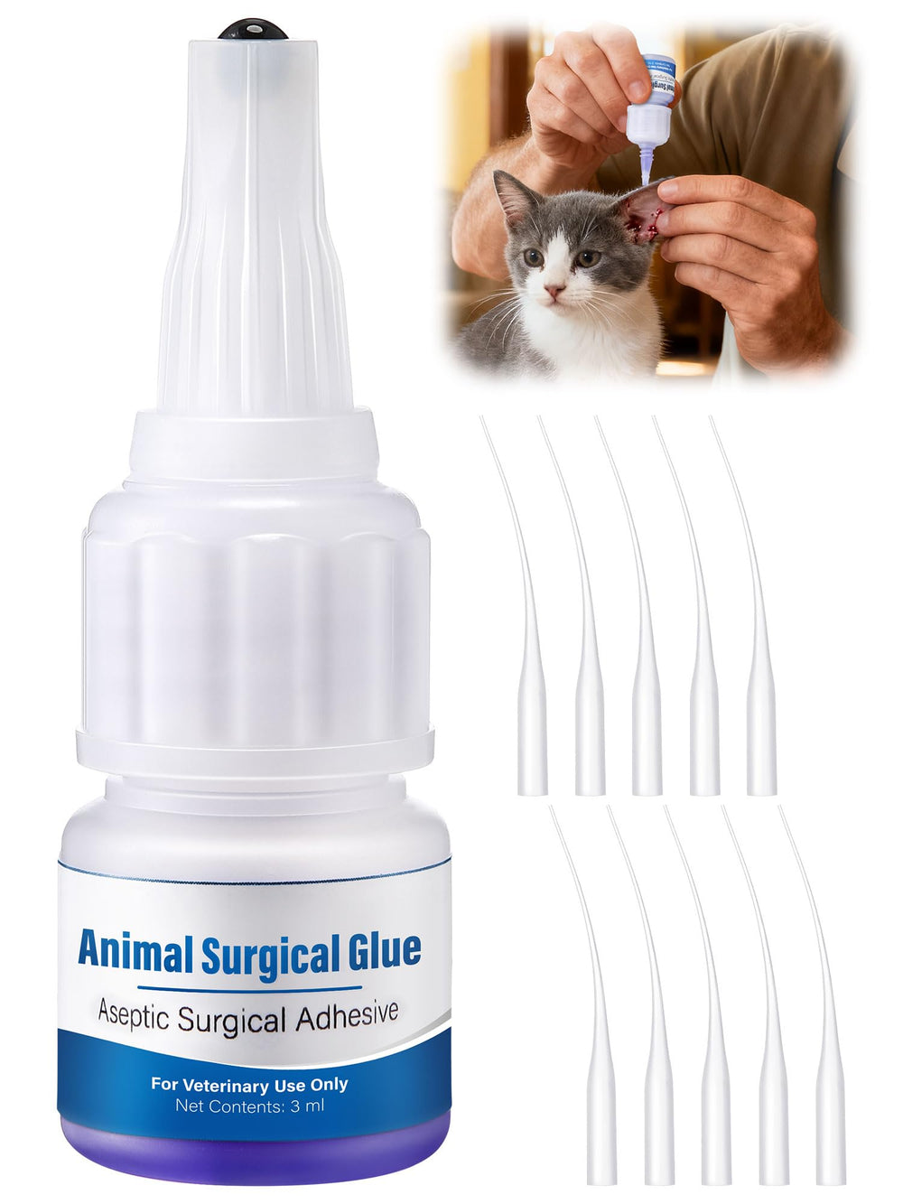 Mysora Vet Tissue Glue bottle closeup shows fast wound closure for pets.