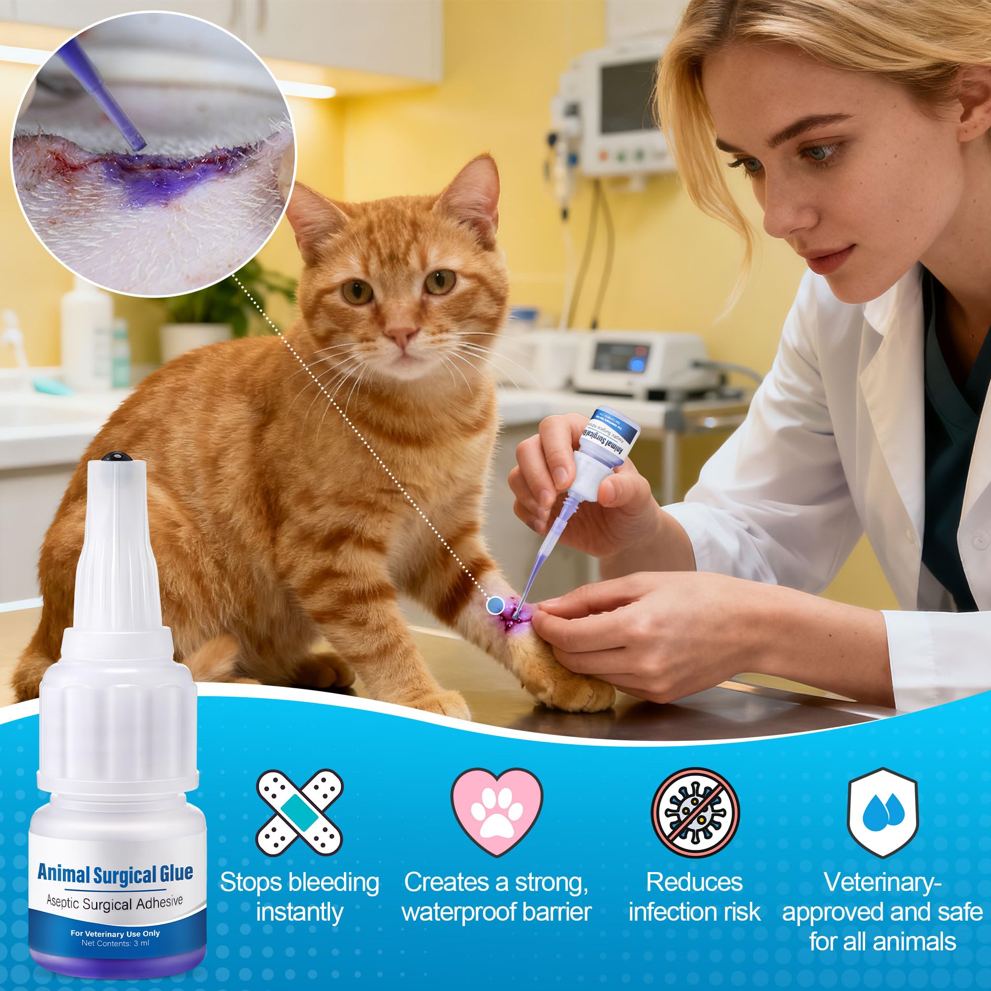 Mysora Vet Tissue Glue precision-tip pack enables controlled application on small wounds.