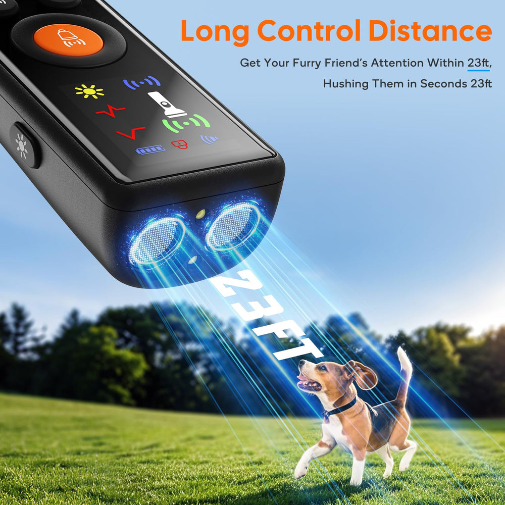 Mystarry LED flashlight mode assists nighttime walks while deterring barking.
