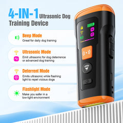 Mzorts dog bark deterrent 3-transmitters shows three sonic emitters aiding faster behavior correction