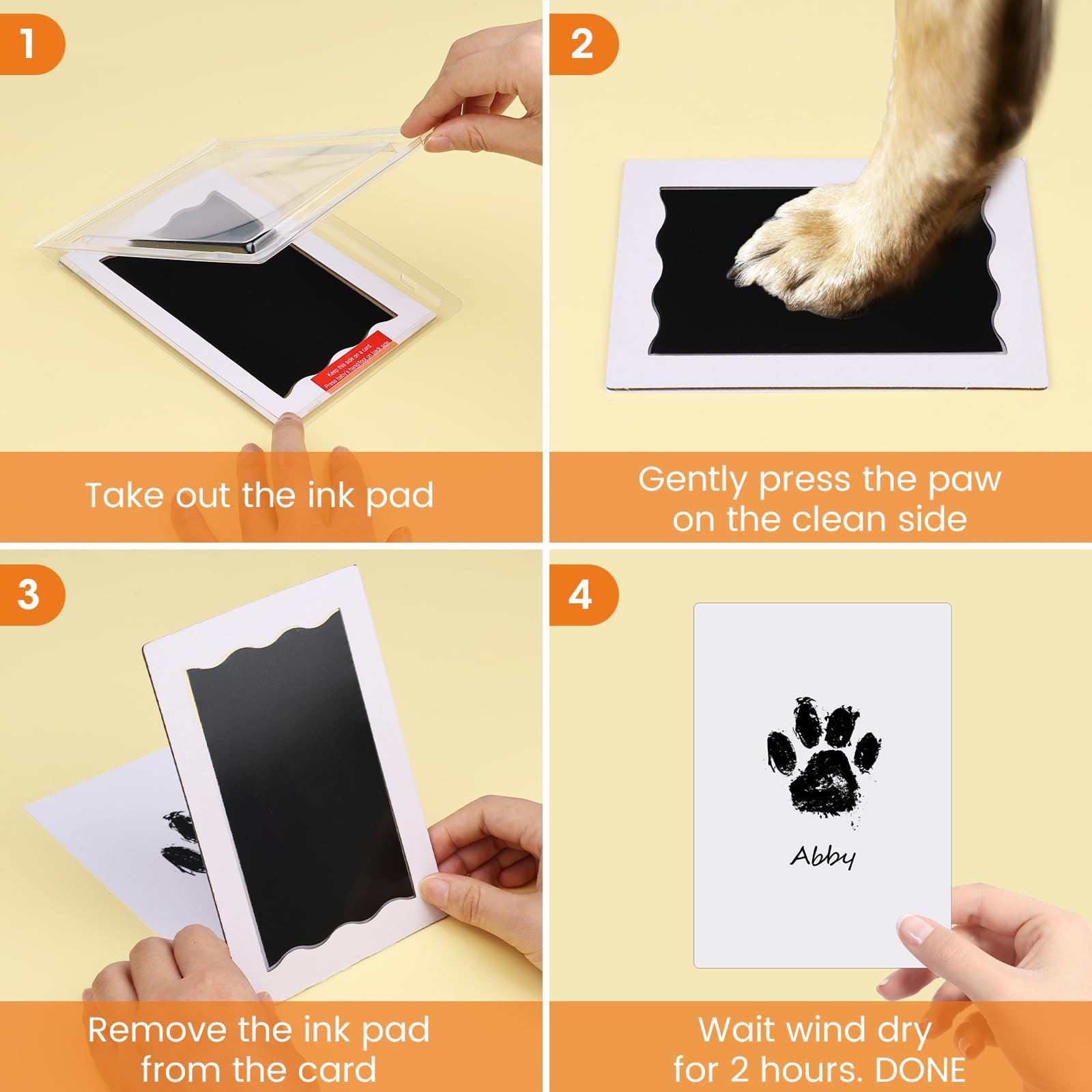 Nabance paw print kit usage image demonstrates easy steps for pet keepsakes.