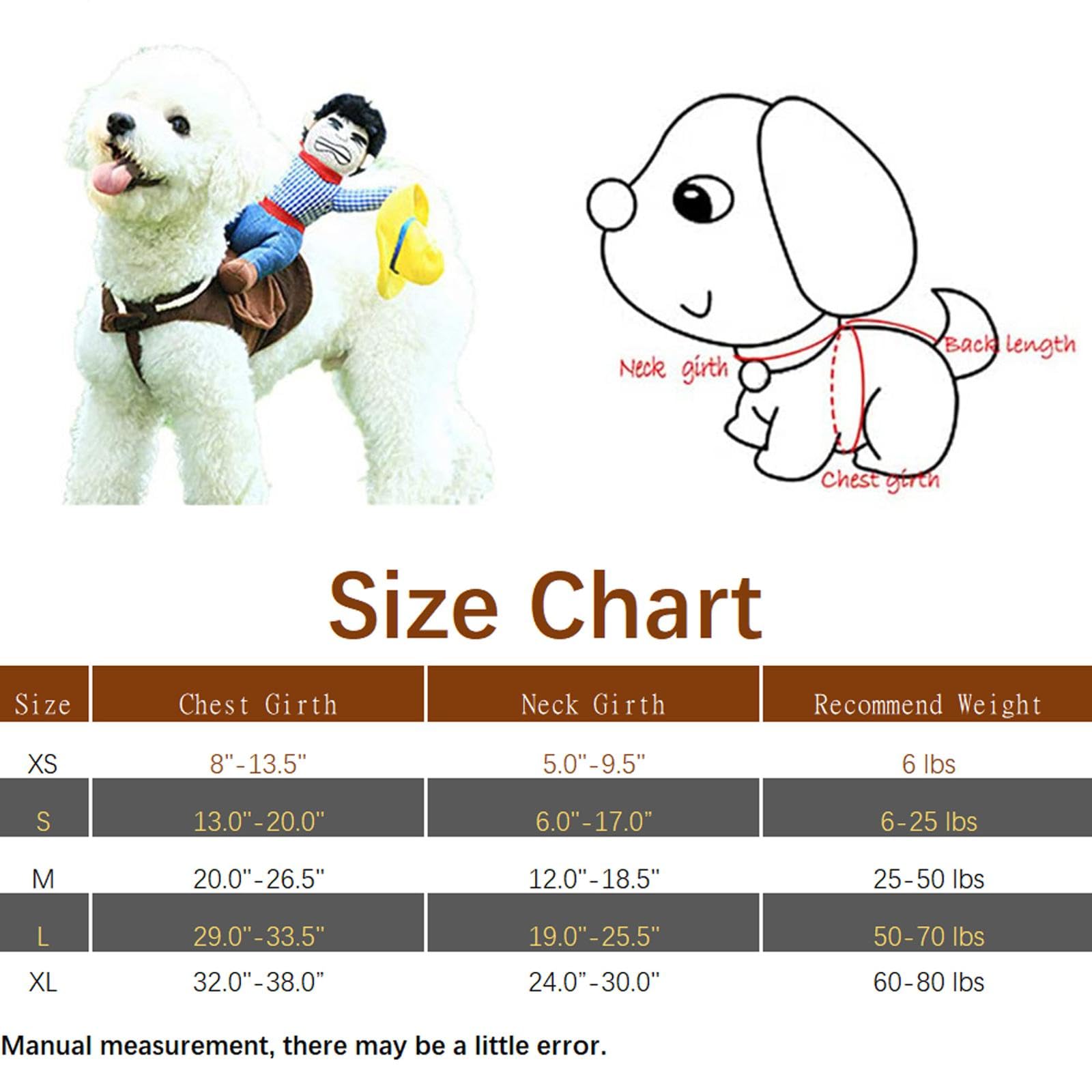 NACOCO Cowboy Rider dog costume size range from XS to Large.