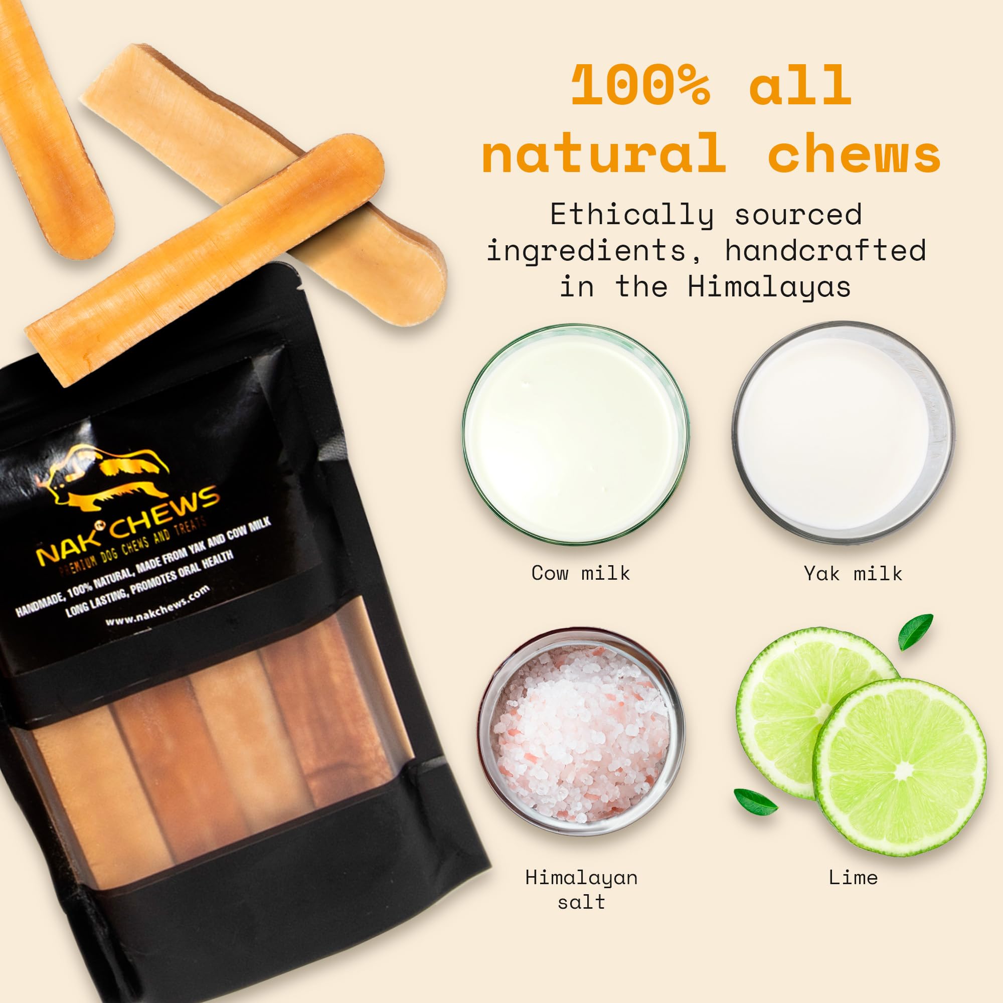 NAK Himalayan Yak Cheese Dog Chews ingredients label lists yak milk and lime.