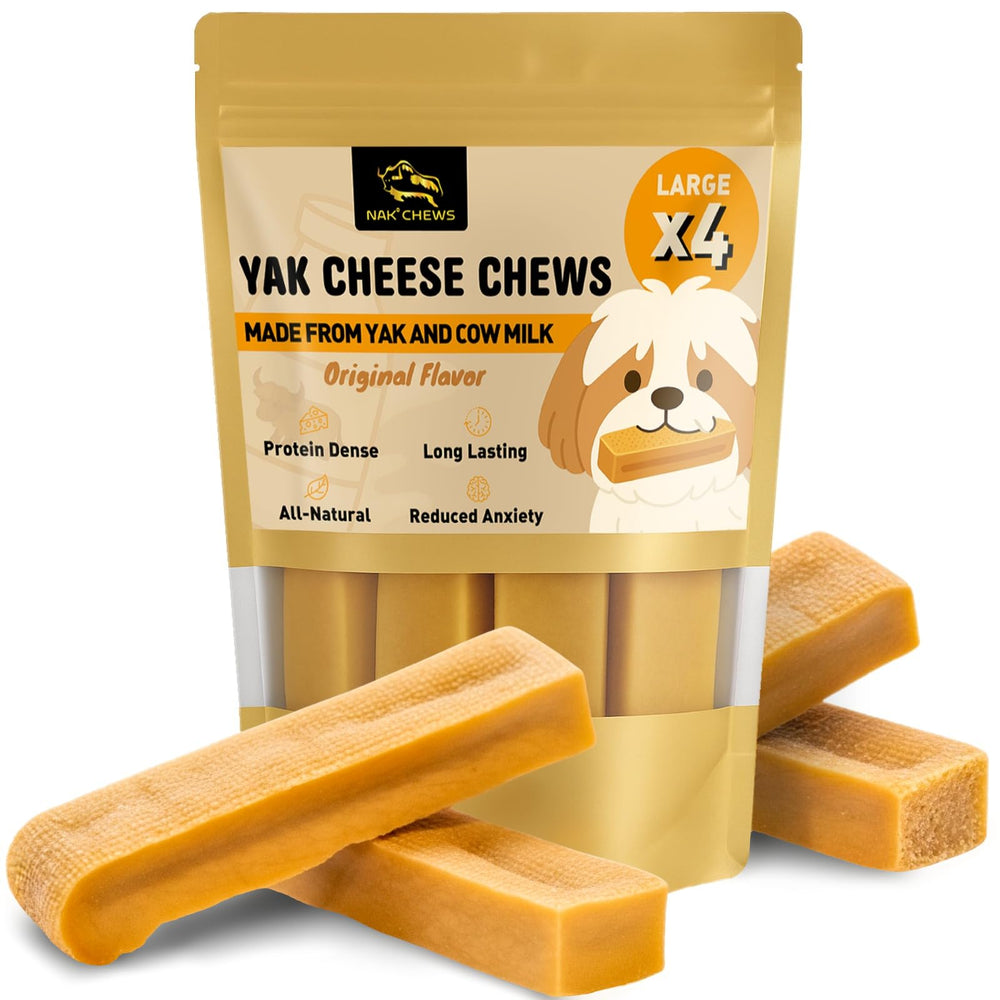 NAK Himalayan Yak Cheese Dog Chews pack shot highlighting all-natural ingredients for large dogs.
