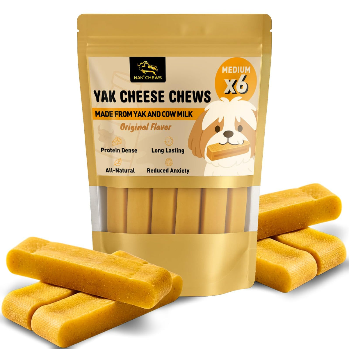 NAK Himalayan Yak Cheese Dog Chews package highlights natural ingredients and Himalayan recipe.