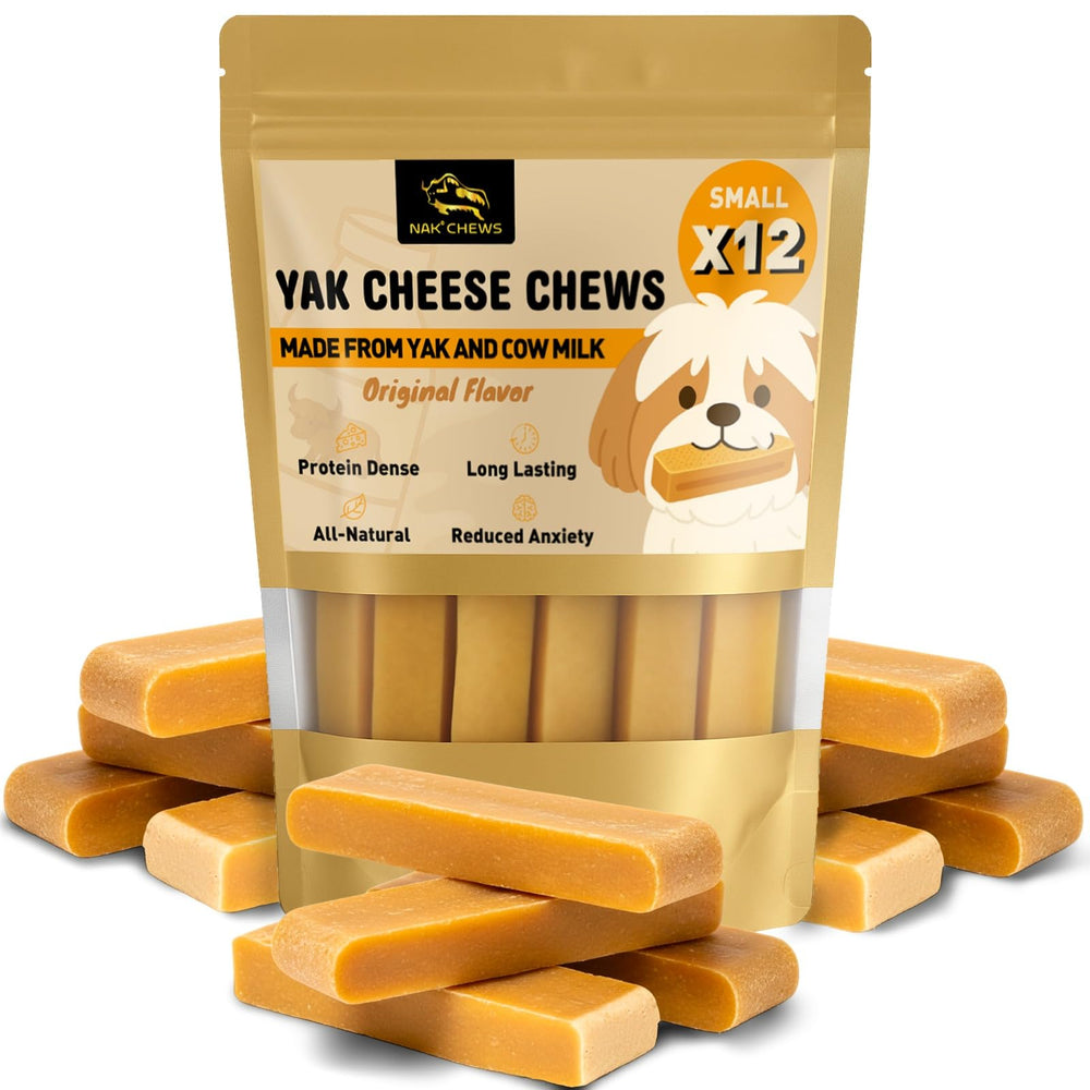 NAK Himalayan Yak Cheese Dog Chews packaging highlights natural ingredients and 12 chews.