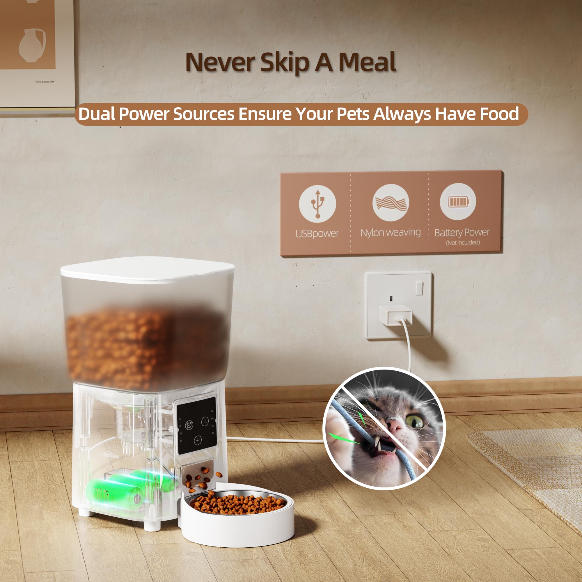 Naltreyva power-cable image emphasizes chew-resistant design for pet safety.