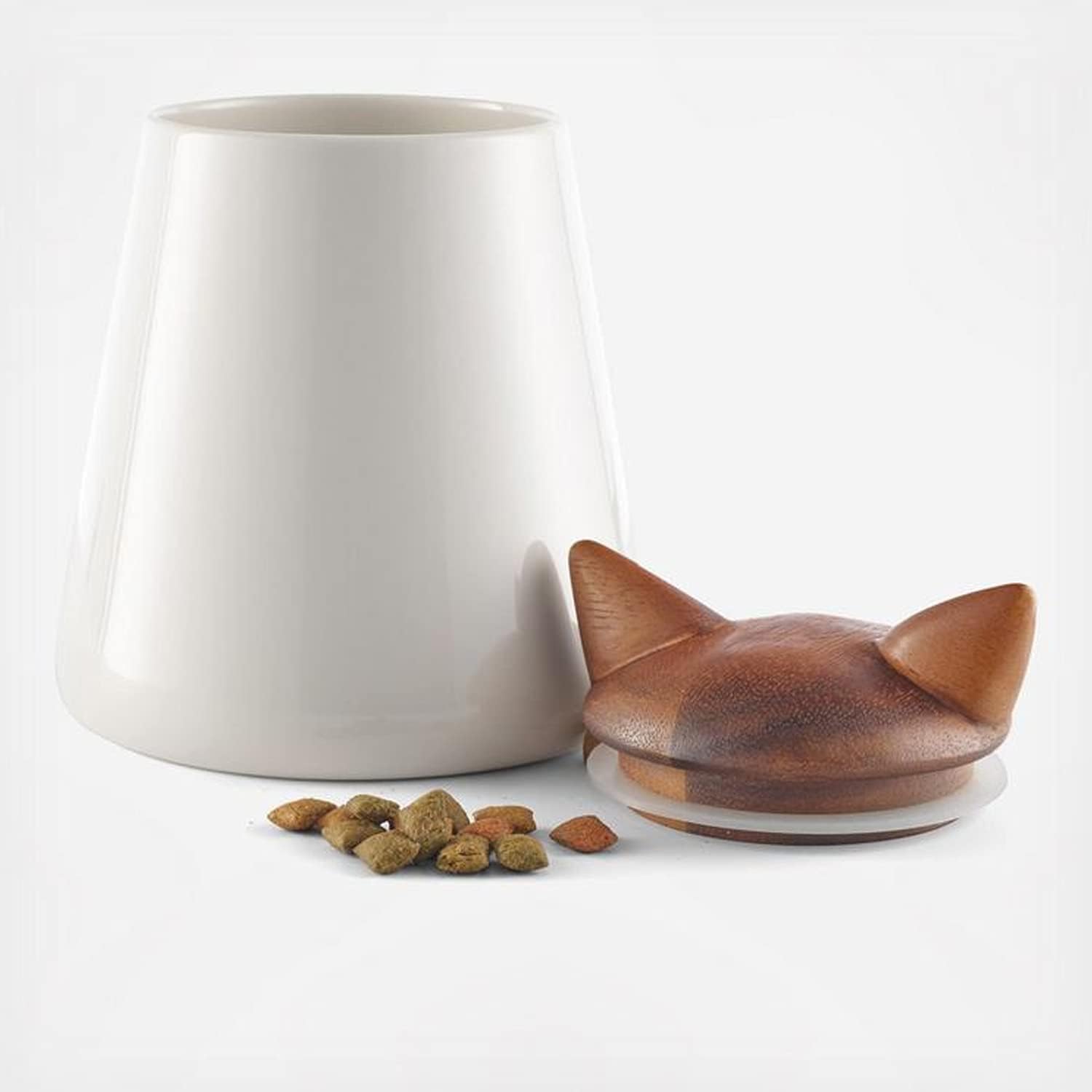 Nambe cat treat jar acacia lid closeup emphasizes secure seal for freshness.
