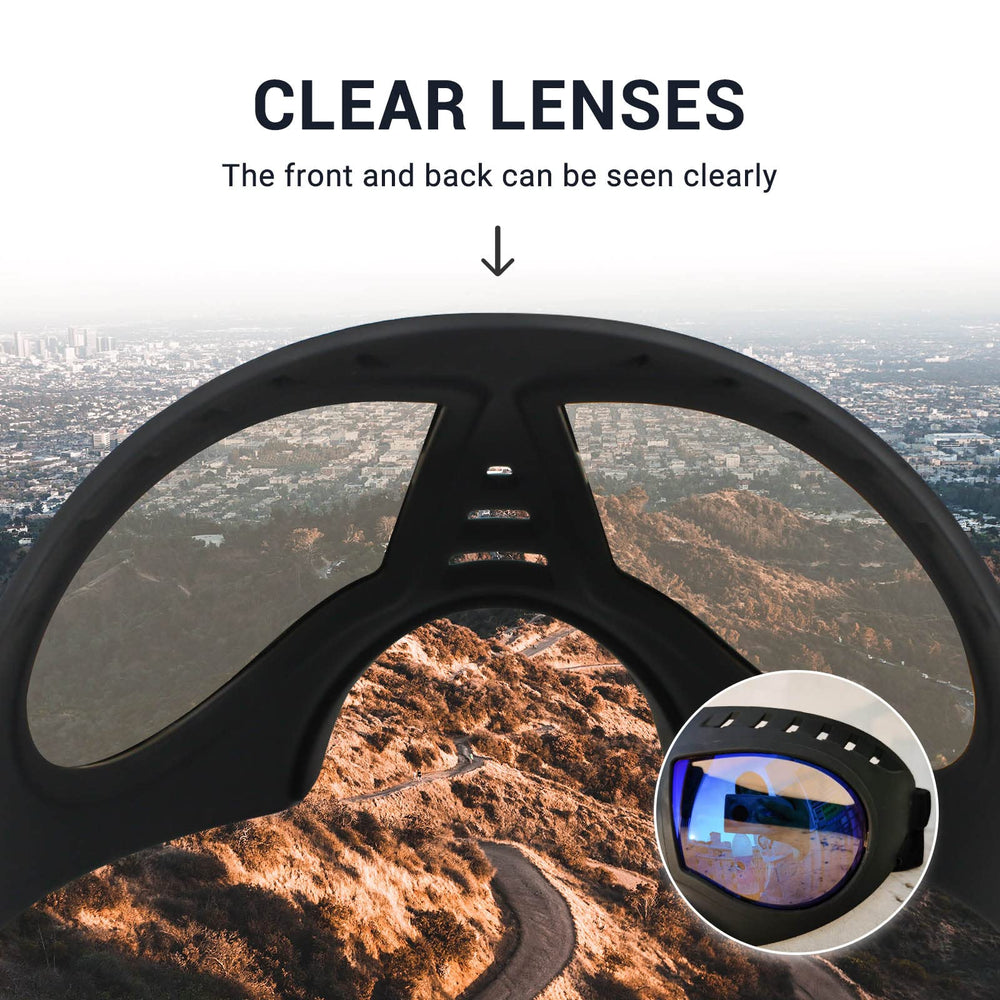 NAMSAN Clear Dog Goggles worn by a dog during car rides and outdoor adventures.