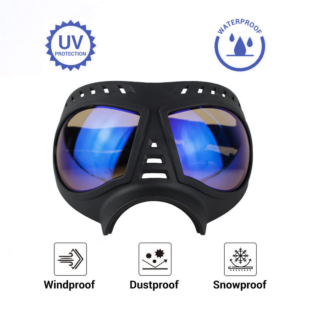 NAMSAN Clear Dog Goggles top view highlighting vented frame for fog dispersion.