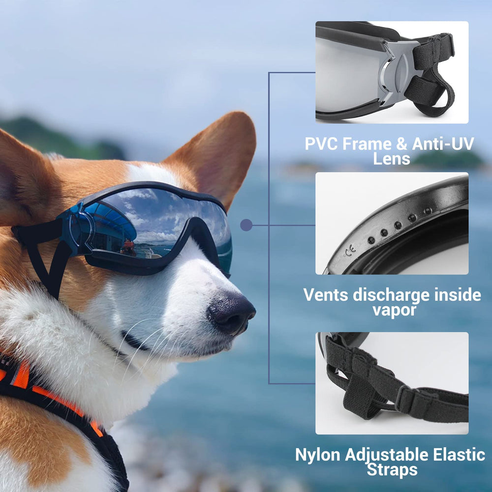 NAMSAN dog goggles adjustable elastic straps for secure fit.