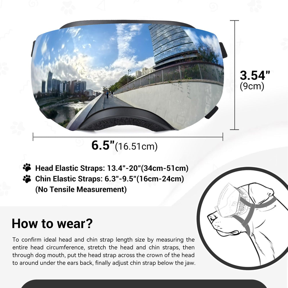 NAMSAN dog goggles provide an adjustable strap for a secure fit on medium to large dogs.