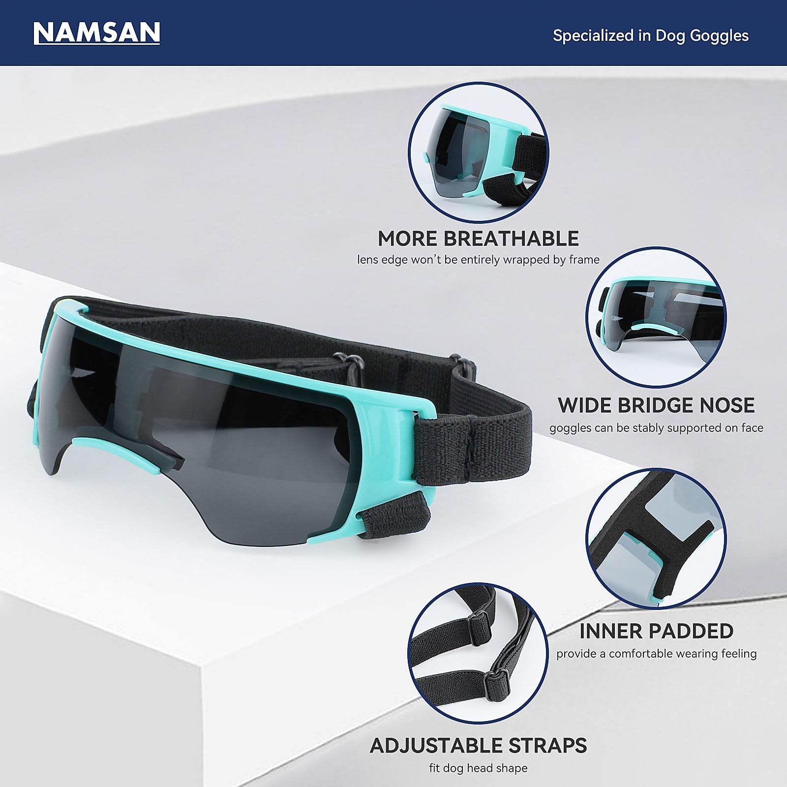 NAMSAN adjustable straps closeup demonstrate secure fit on dog head.