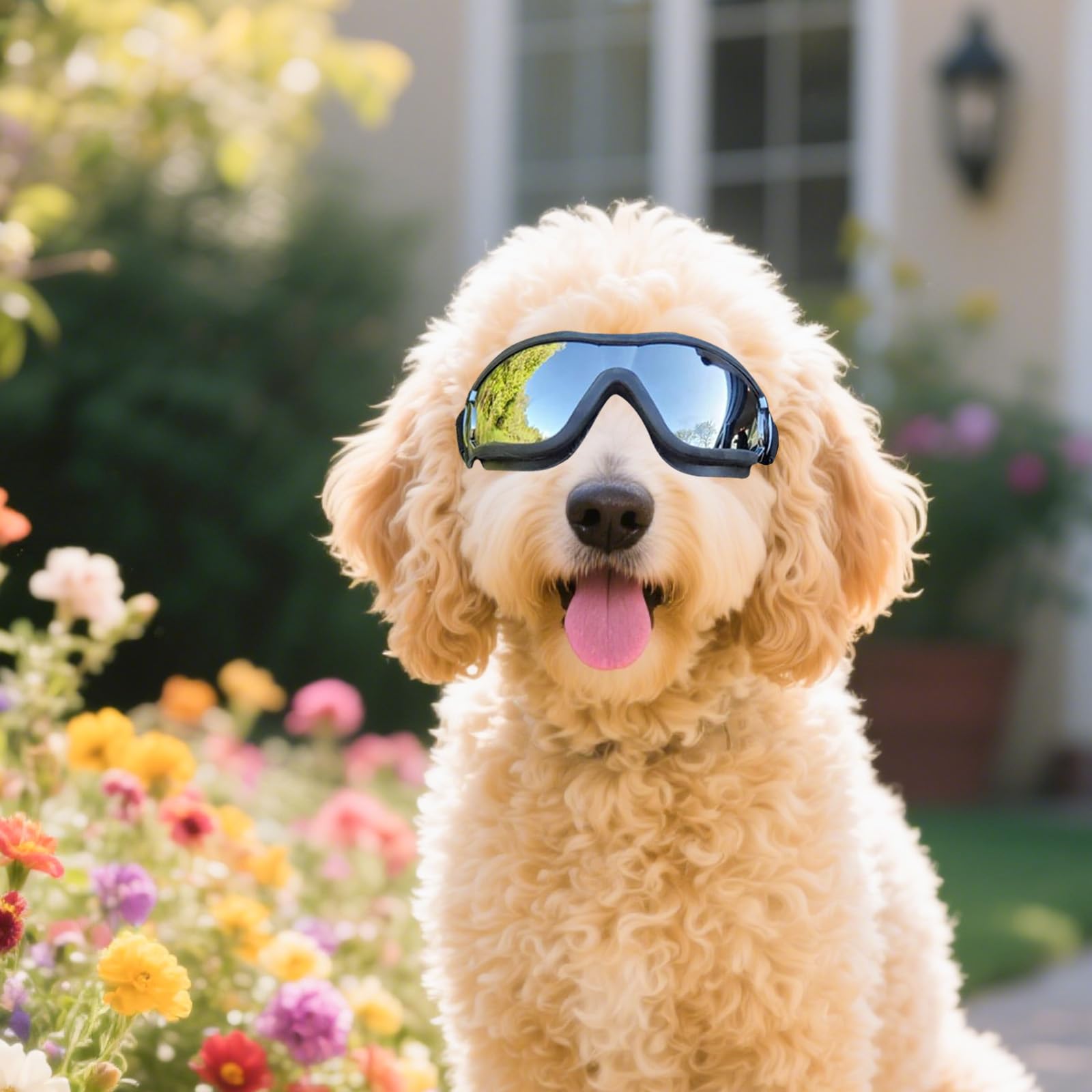 NAMSAN dog goggles protect eyes from droplets and debris outdoors.