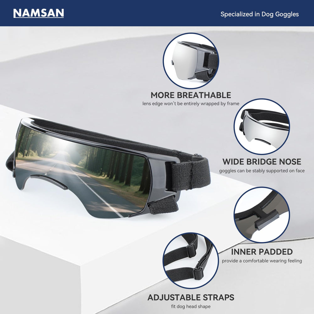 NAMSAN dog goggles UV lens close-up highlighting protective eye shield