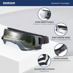 NAMSAN dog goggles UV lens close-up highlighting protective eye shield
