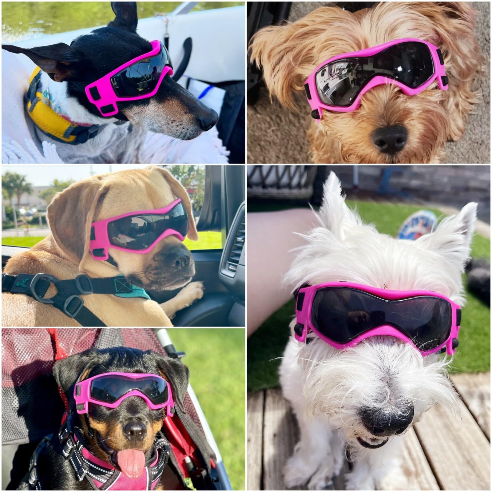 NAMSAN dog sunglasses pink side view showing secure wraparound design