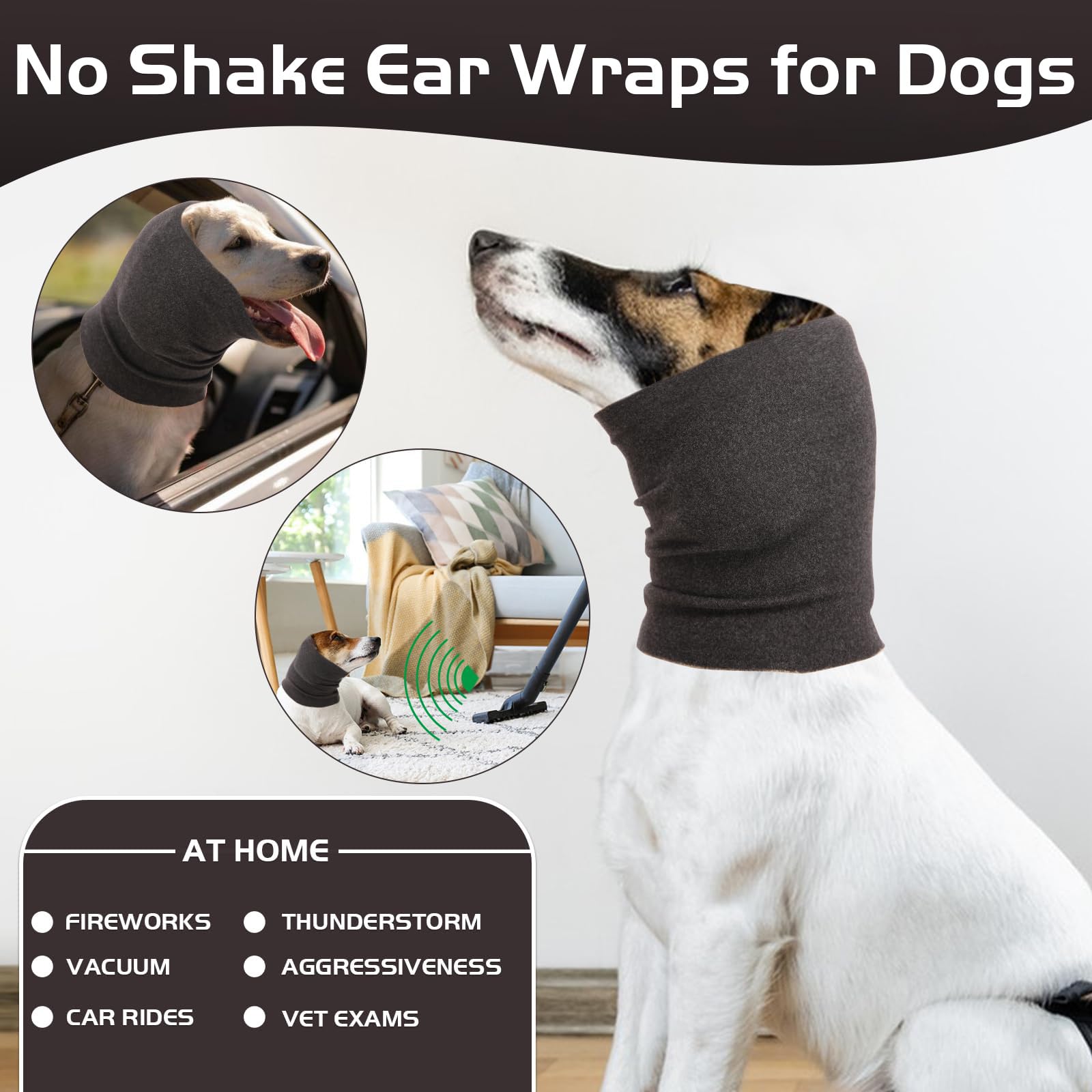Nanaki dog head-cover during grooming to reduce stress and protect ears.