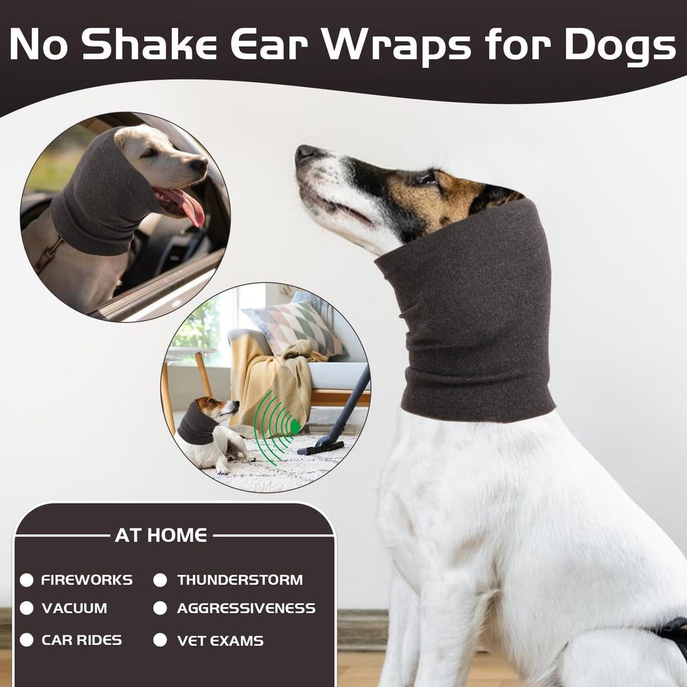 Nanaki dog head-cover during grooming to reduce stress and protect ears.