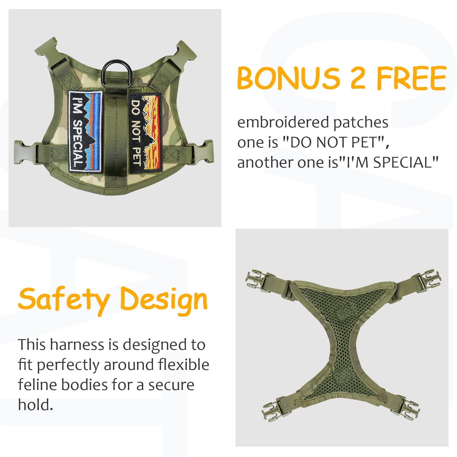 Nanappice tactical harness with four UTX buckles ensures a secure, flexible fit for large cats.