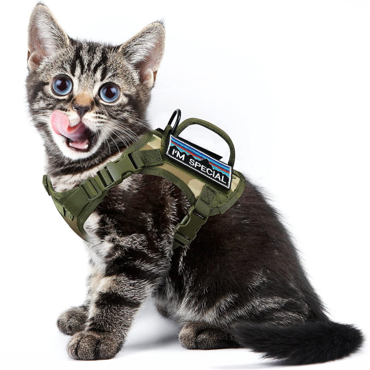 Nanappice tactical cat harness shows durable 1050D nylon for long-lasting outdoor walks.