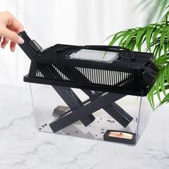 NANEEZOO Cricket Keeper with dispenser tubes demonstrates easy live cricket dispensing.