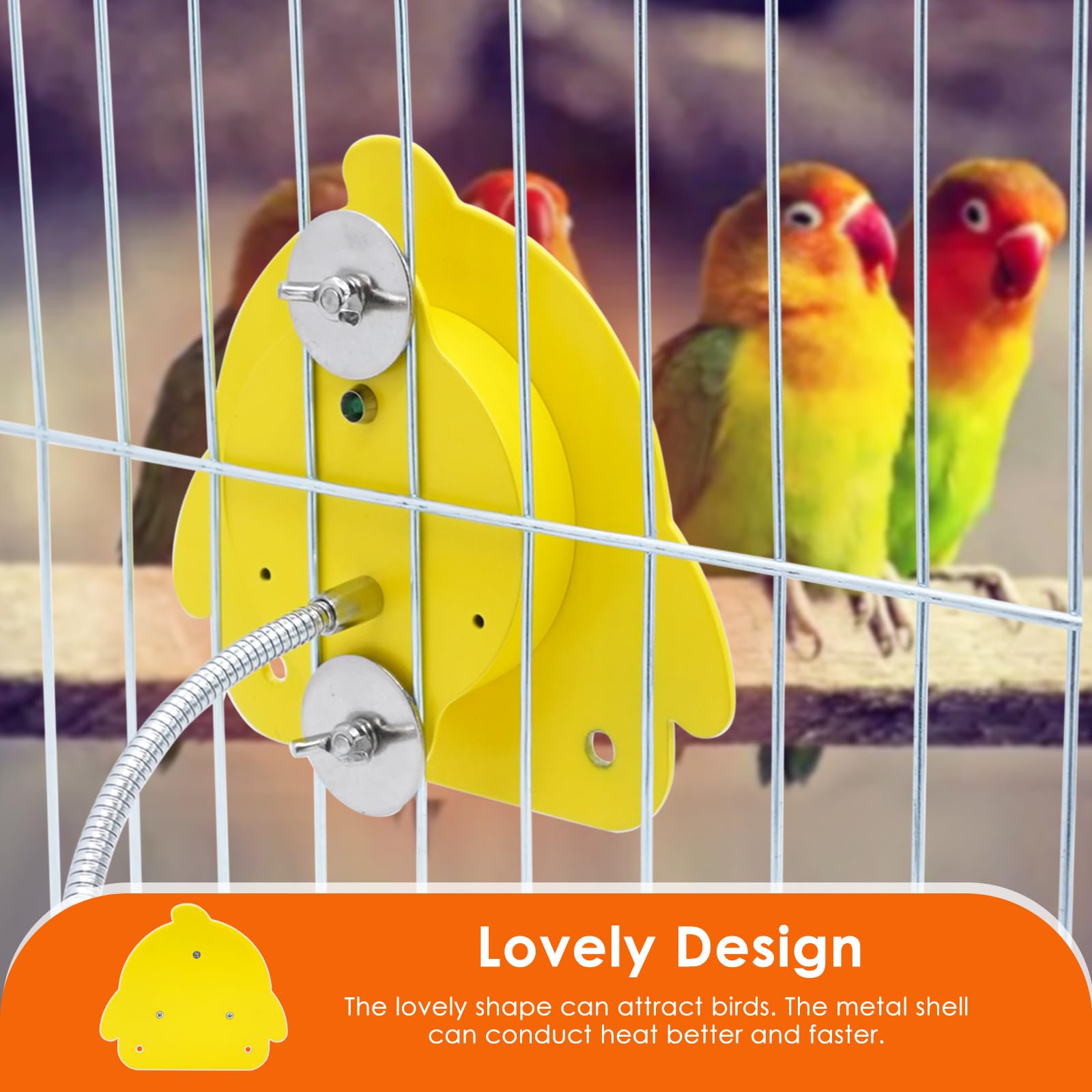 NAOEDEAH yellow perch-stand heater adds inviting warmth to cage.