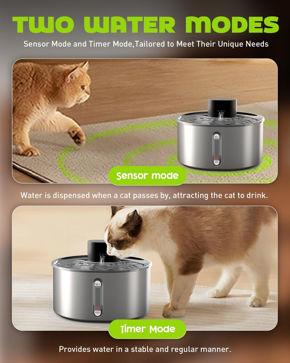 Nasebila dual-mode operation shows sensor and timer options for flexible hydration.