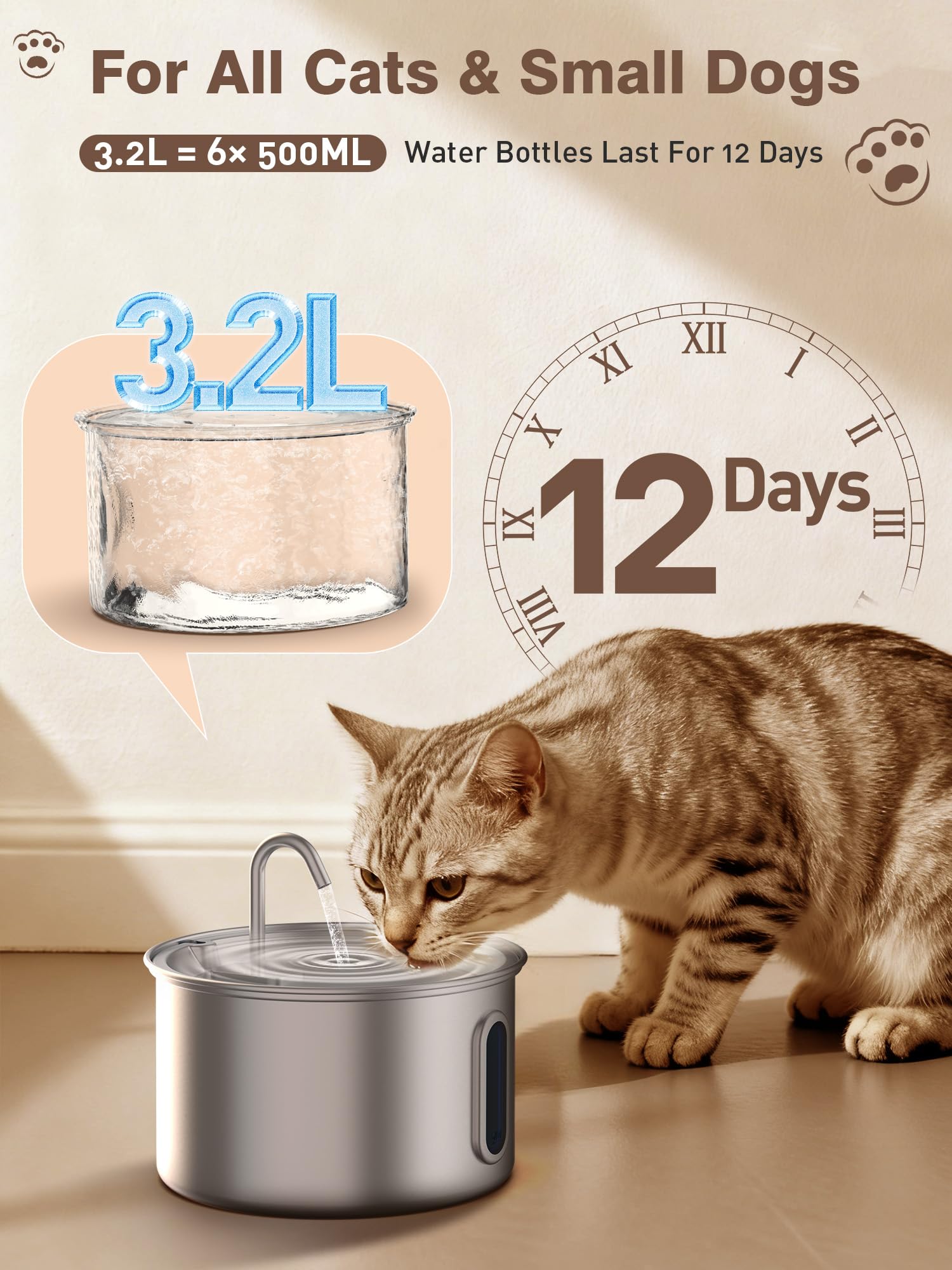 Nasebila streaming water design entices pets to drink with flowing water.