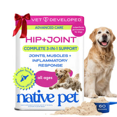 Native Pet Advanced Care powder tub shown for joint support and easy dosing.